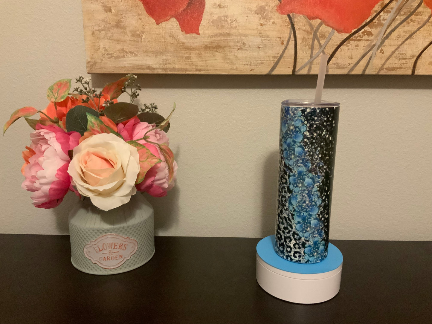 Blue Flowers with Black Glitter 20oz Insulated Tumbler